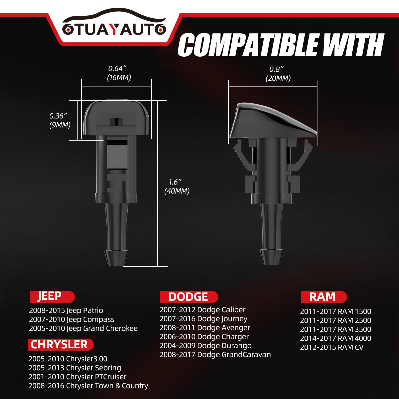 OTUAYAUTO Front Windshield Washer Nozzles - Replacement for Chrysler, Dodge, Jeep, Ram - Replaces OEM #: 4805742AB, 4805742AC. 5113049AA, 55077460AA, 5303833AA, Premium Spray Jet Kit (pack of 2)