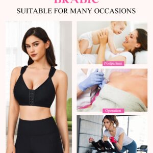 BRABIC Women Post-Surgical Sports Support Bra Front Closure with Adjustable Straps Wirefree Racerback (Black, L (fit for 36B 36C 36D 38A))