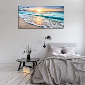 Baisuart S02250 Canvas Prints Wall Art Beach Sunset Ocean Waves Nature Pictures Stretched Canvas Wooden Framed for living Room Bedroom and Office