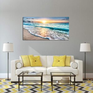 Baisuart S02250 Canvas Prints Wall Art Beach Sunset Ocean Waves Nature Pictures Stretched Canvas Wooden Framed for living Room Bedroom and Office