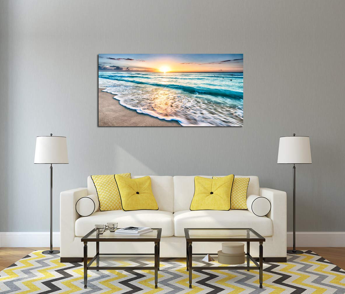 Baisuart S02250 Canvas Prints Wall Art Beach Sunset Ocean Waves Nature Pictures Stretched Canvas Wooden Framed for living Room Bedroom and Office