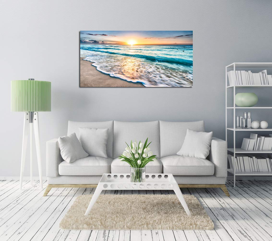 Baisuart S02250 Canvas Prints Wall Art Beach Sunset Ocean Waves Nature Pictures Stretched Canvas Wooden Framed for living Room Bedroom and Office