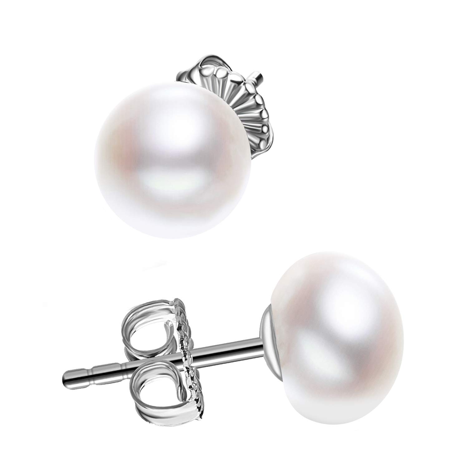 Classic Dainty 925 Sterling Silver 6mm White Freshwater Cultured Pearl Stud Earrings for Women