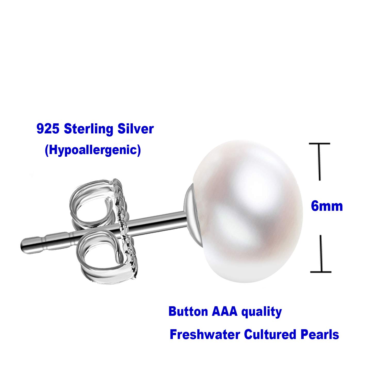 Classic Dainty 925 Sterling Silver 6mm White Freshwater Cultured Pearl Stud Earrings for Women