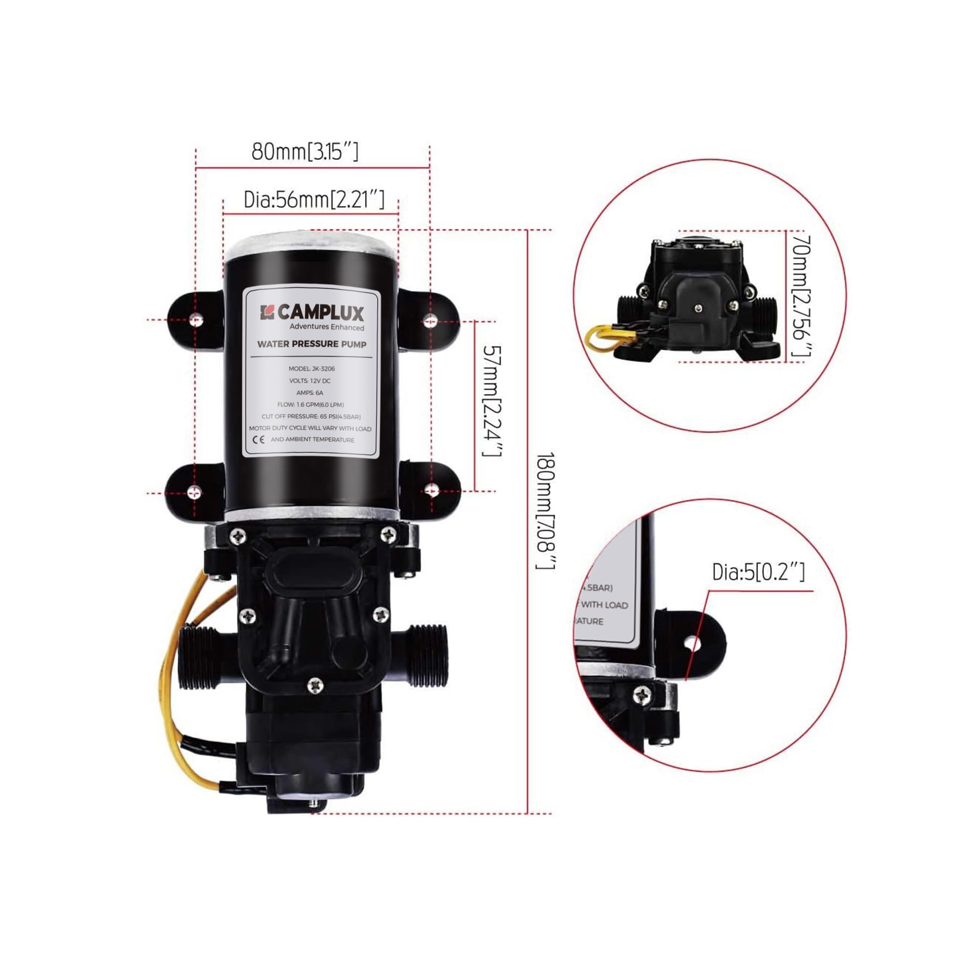 CAMPLUX 12V Water Pump Kit, 1.6 GPM 65 PSI High Pressure for Caravan RV Boat Gas Hot Water System