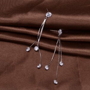 CZ Linear Earrings for Women Super Long Shoulder Earrings Sterling Silver Thread Earrings Crystal Cubic Zirconia Rhinestone Tassel Drops Bridal Chain Earring for Wedding Bride Bridesmaids Party