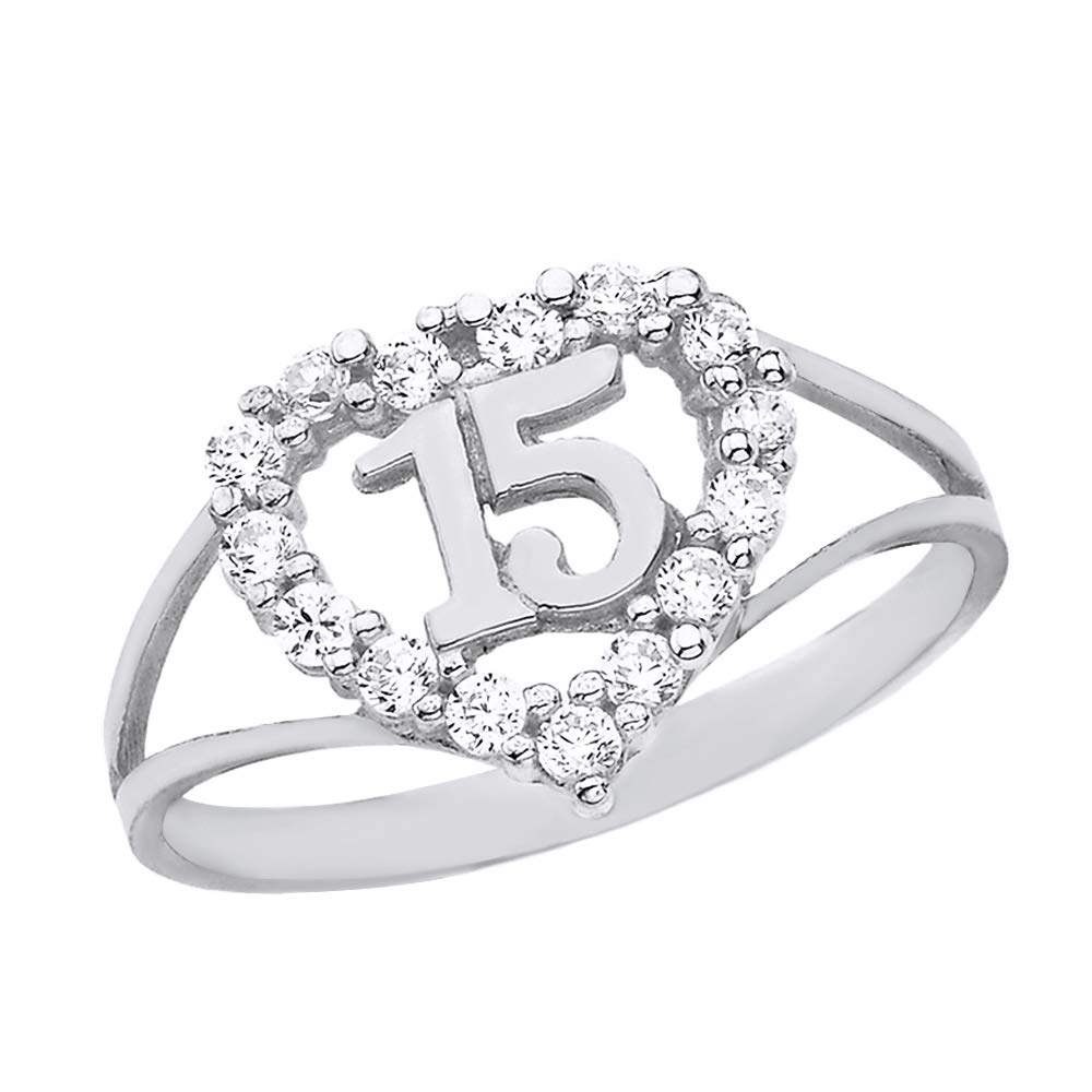 Solid 10k White Gold Sweet 15 Anos CZ Quinceanera Heart Ring (Size 7.5)