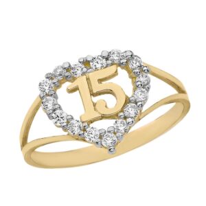 Solid 14k Yellow Gold Sweet 15 Anos CZ Quinceanera Heart Ring (Size 4.5)