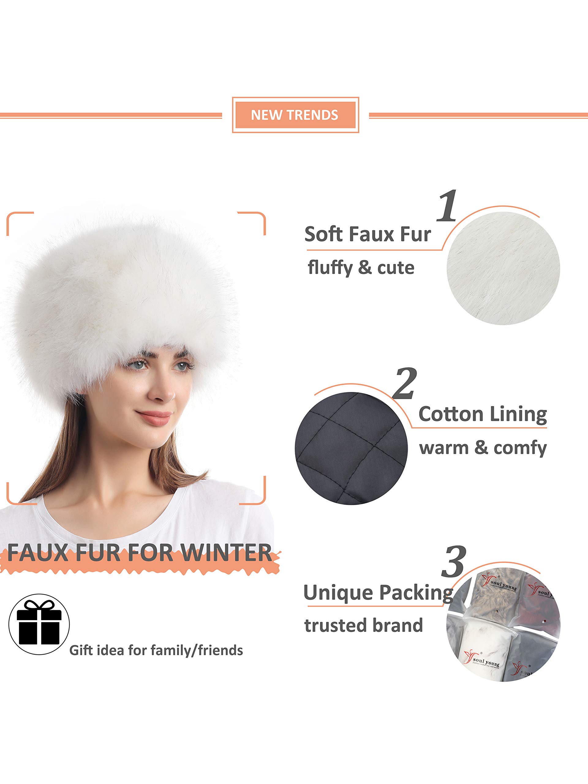 Soul Young Women's Winter Faux Fur Cossak Russian Style Hat(One Size,White)