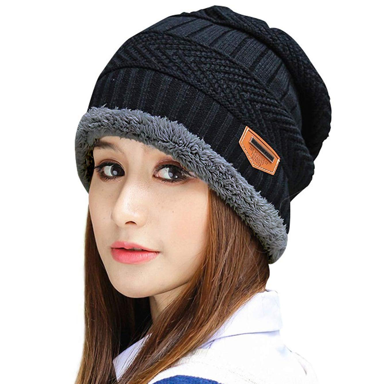 Muryobao Thick Warm Winter Beanie Hat Slouchy Skully Knit Hats Soft Stretch Ribbed Cap for Women Snow Ski Black