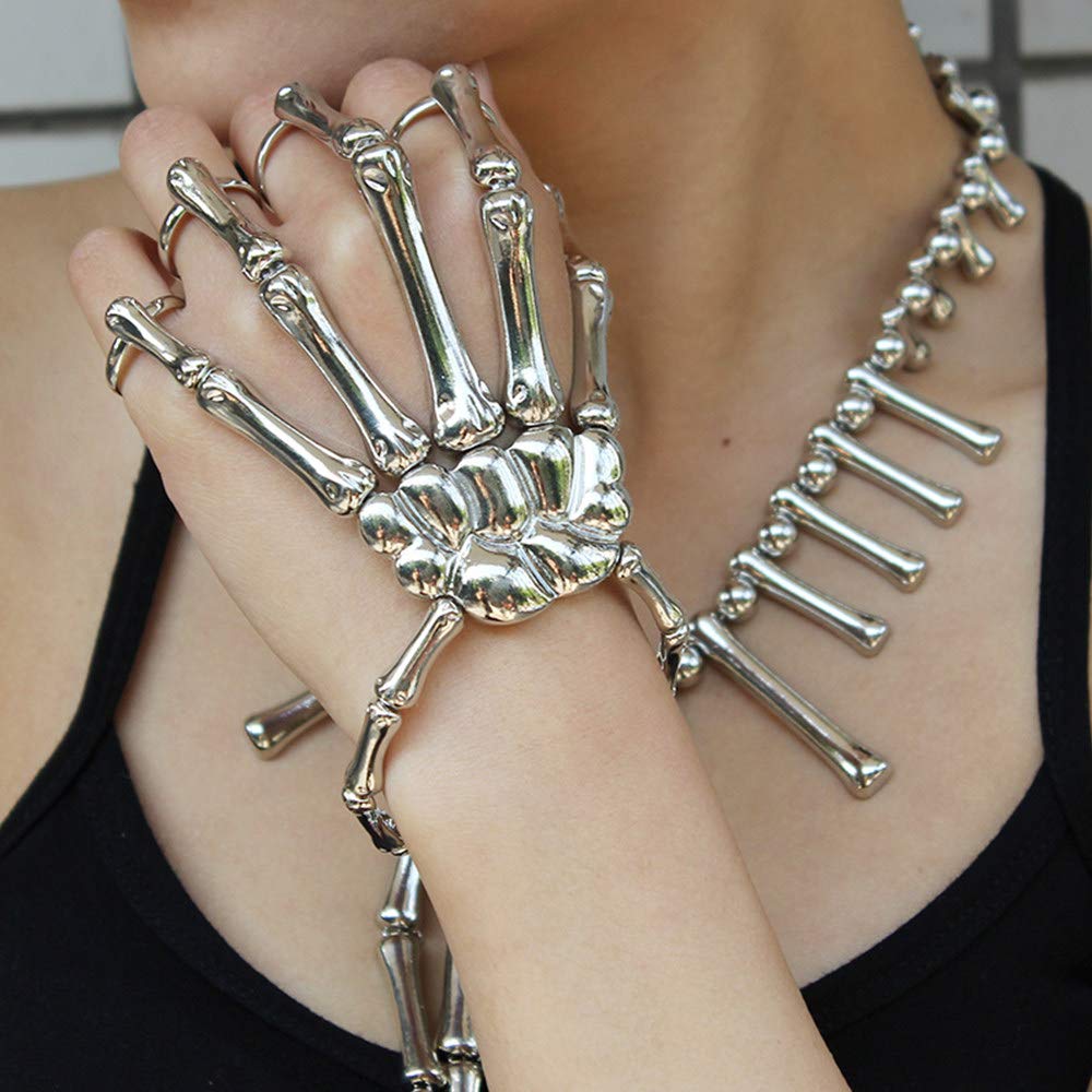 Men Women's Halloween Skull Skeleton Hand Bracelet With Ring (Silver)