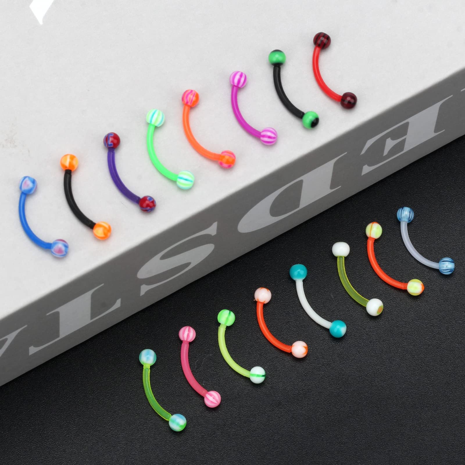 CrazyPiercing Colorful Ball Acrylic Flexible Curved Bar Eyebrow Rings Tragus Piercing Jewelry, 50Pcs, 16G