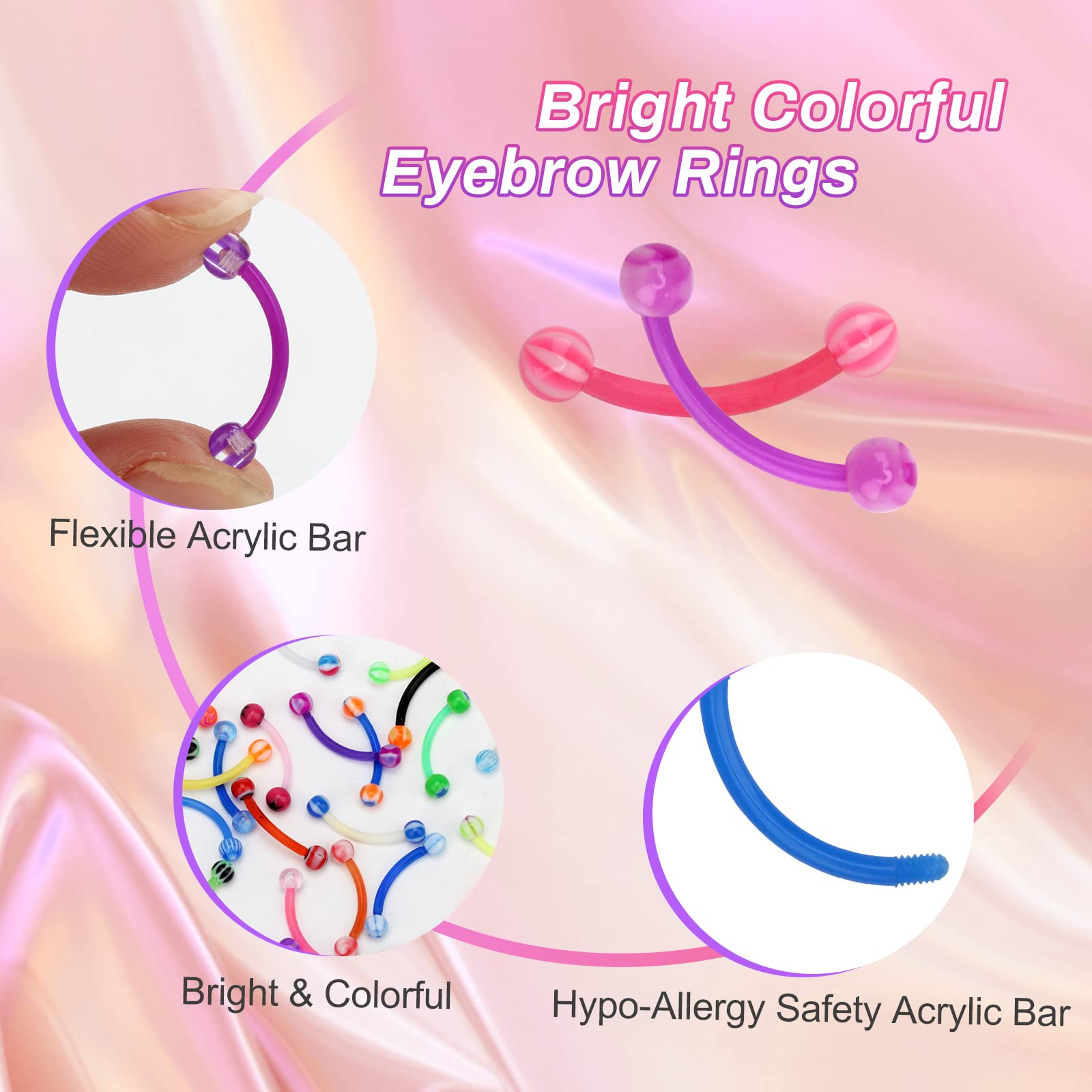 CrazyPiercing Colorful Ball Acrylic Flexible Curved Bar Eyebrow Rings Tragus Piercing Jewelry, 50Pcs, 16G