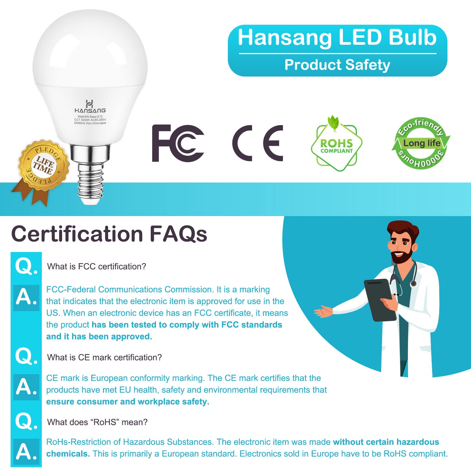 hansang E12 LED Bulb, Daylight 5000K, 60 Watt Equivalent Ceiling Fan Light Bulbs, E12 Small Base Candelabra LED Light Bulbs, 600 Lumen CRI 85+ Eye Protection, Non-dimmable 120V (85-265V Range) 6 Pack