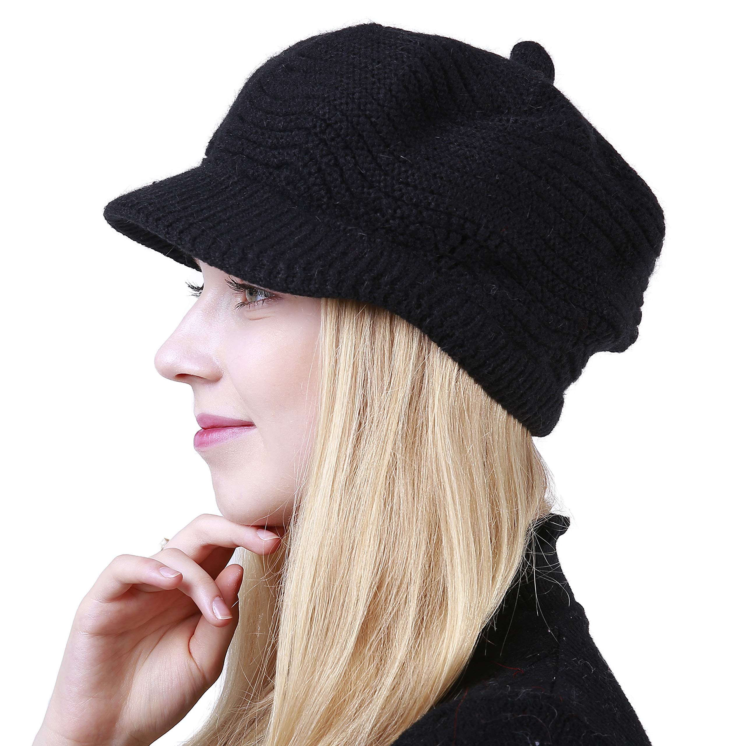 Muryobao Women's Winter Hat Slouchy Cable Knit Visor Beanie Crochet Newsboy Beret Hats Warm Snow Ski Skull Cap with Brim Black