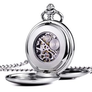 TREEWETO Pocket Watch - Smooth Double Case Series Skeleton Dial Delicate Mechanical Movement with Chain, Silver