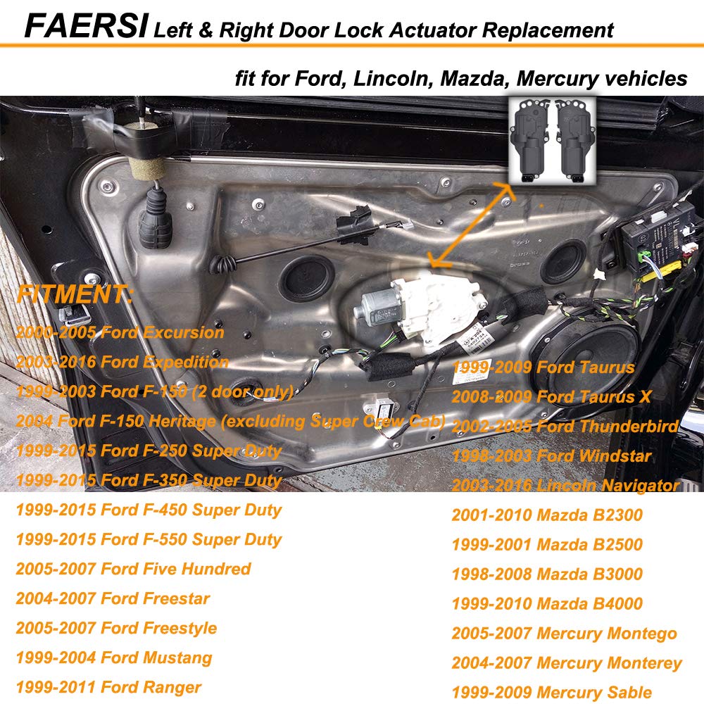 Power Door Lock Actuator Left and Right Side Compatible with Ford F150 F250 F350 Excursion Expedition Mustang Ranger, Lincoln, Mercury, Mazda Lock Actuator Replaces 6L3Z25218A43AA, 6L3Z25218A42AA