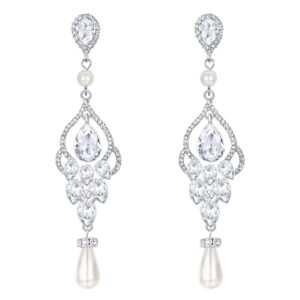 EVER FAITH Women's Crystal Simulated Pearl Bridal Vintage Chandelier Teardrop Earrings Clear Silver-Tone