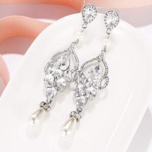 EVER FAITH Women's Crystal Simulated Pearl Bridal Vintage Chandelier Teardrop Earrings Clear Silver-Tone