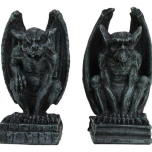 Ebros Gift Notre Dame Castle Top Guardian Mini Gargoyles Crouching On Stone Pedestals Resin Figurine Set of 2 Miniature Fairy Garden Gargoyle Sculpture Pair 2.5" Tall