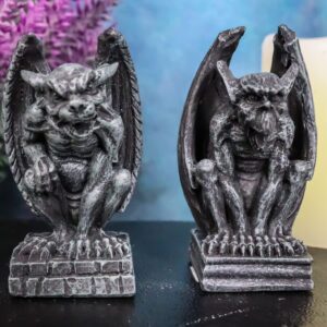 Ebros Gift Notre Dame Castle Top Guardian Mini Gargoyles Crouching On Stone Pedestals Resin Figurine Set of 2 Miniature Fairy Garden Gargoyle Sculpture Pair 2.5" Tall