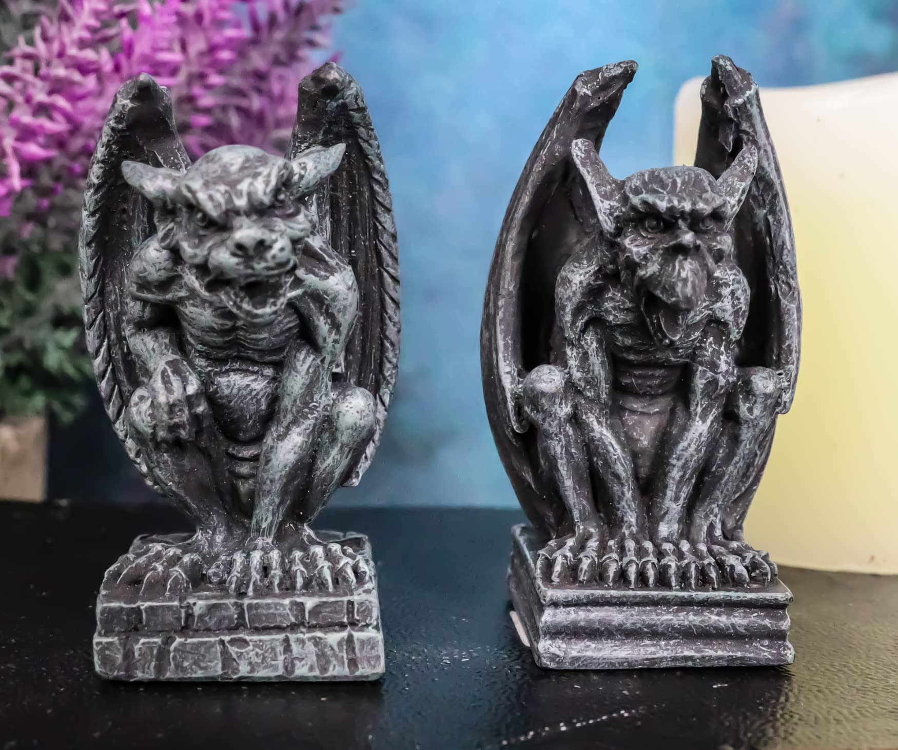 Ebros Gift Notre Dame Castle Top Guardian Mini Gargoyles Crouching On Stone Pedestals Resin Figurine Set of 2 Miniature Fairy Garden Gargoyle Sculpture Pair 2.5" Tall