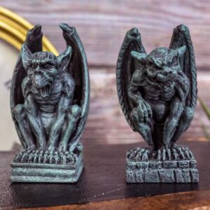 Ebros Gift Notre Dame Castle Top Guardian Mini Gargoyles Crouching On Stone Pedestals Resin Figurine Set of 2 Miniature Fairy Garden Gargoyle Sculpture Pair 2.5" Tall