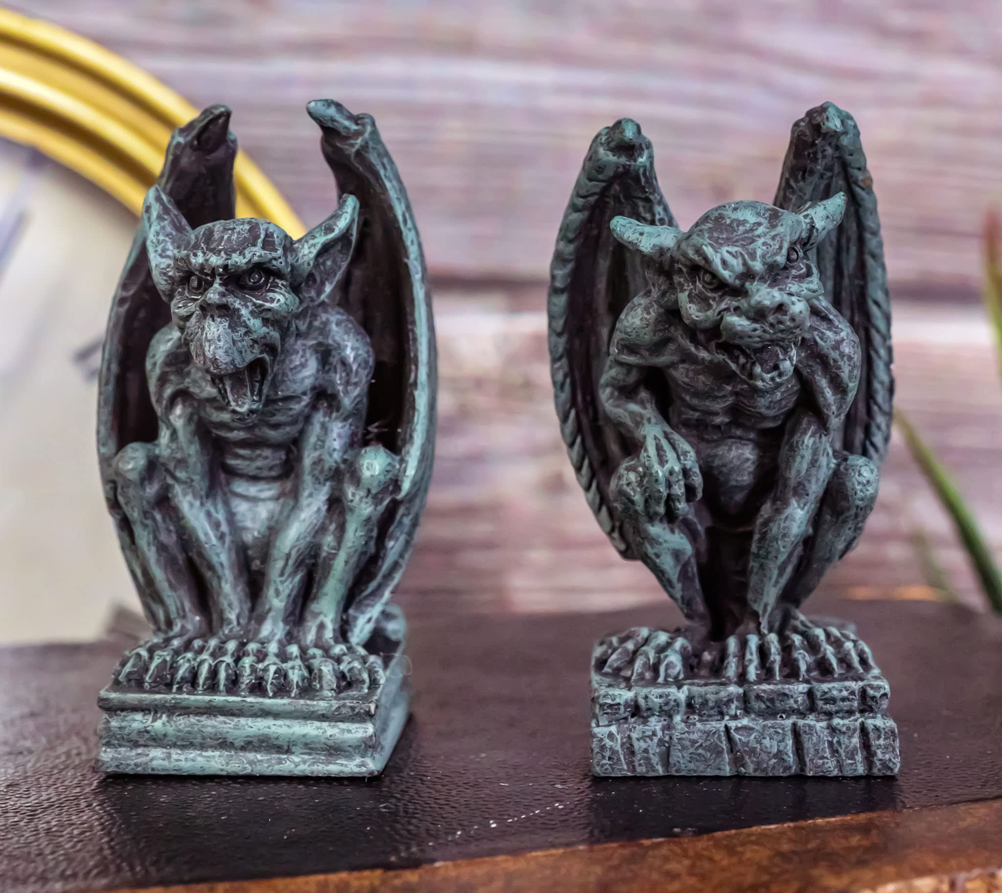 Ebros Gift Notre Dame Castle Top Guardian Mini Gargoyles Crouching On Stone Pedestals Resin Figurine Set of 2 Miniature Fairy Garden Gargoyle Sculpture Pair 2.5" Tall