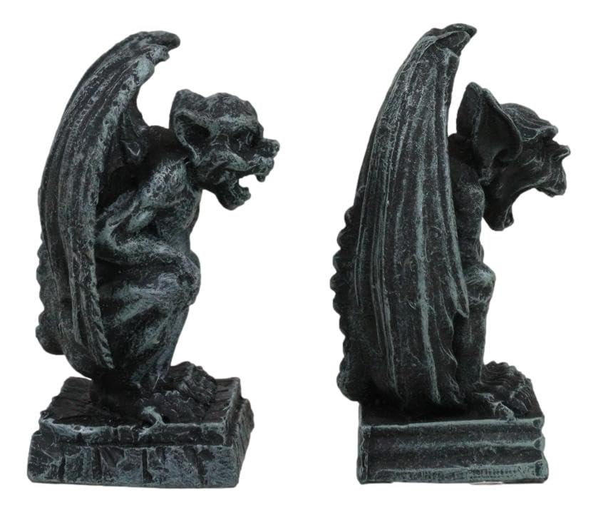 Ebros Gift Notre Dame Castle Top Guardian Mini Gargoyles Crouching On Stone Pedestals Resin Figurine Set of 2 Miniature Fairy Garden Gargoyle Sculpture Pair 2.5" Tall