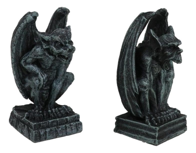 Ebros Gift Notre Dame Castle Top Guardian Mini Gargoyles Crouching On Stone Pedestals Resin Figurine Set of 2 Miniature Fairy Garden Gargoyle Sculpture Pair 2.5" Tall