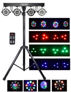 musysic led rgb dj light with stand, 4 par powerhouse gigbar for parties, concerts, and light shows, lighting package w/stage light stand - mu-l31g