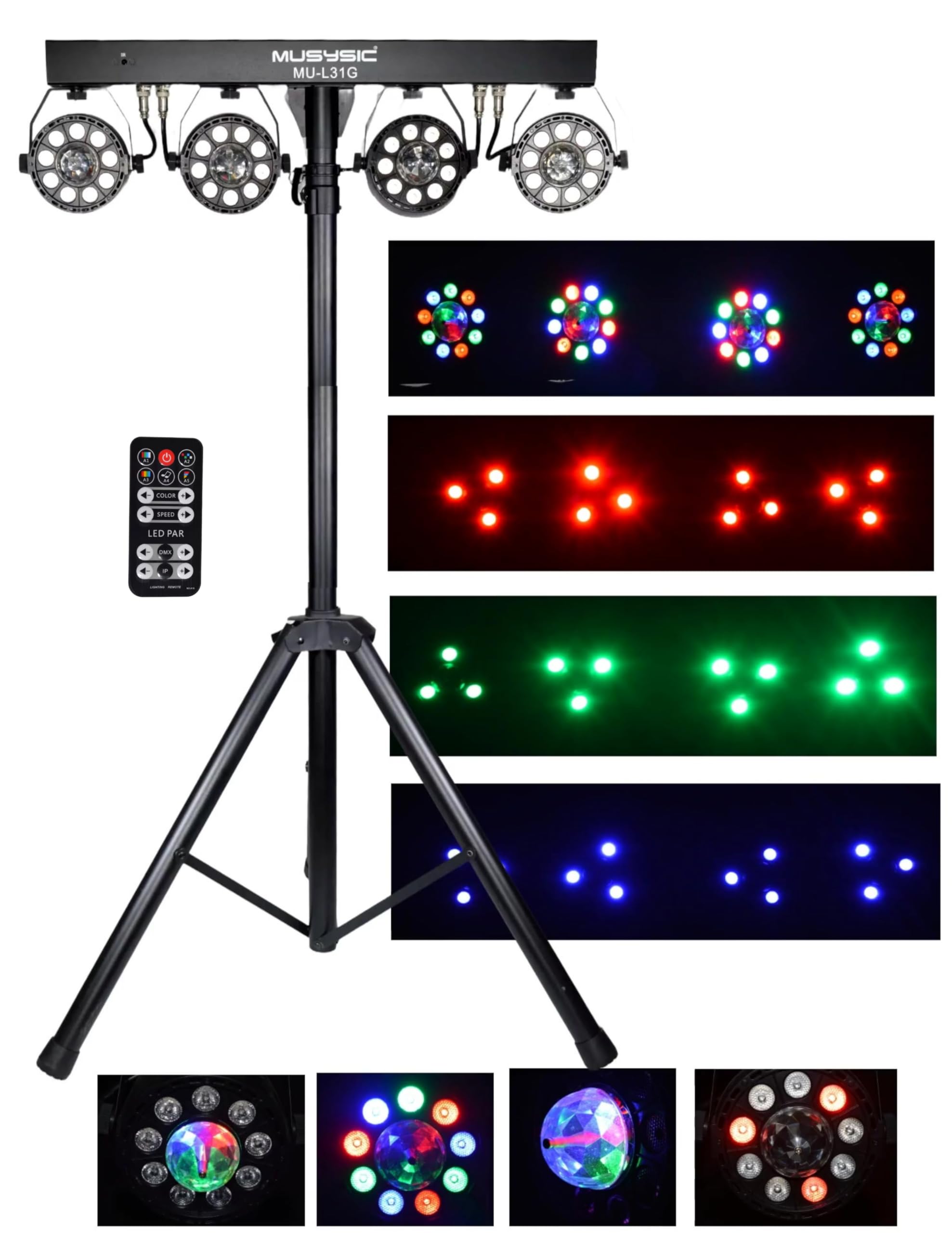 MUSYSIC LED RGB Dj Light with Stand, 4 Par Powerhouse GigBar for Parties, Concerts, and Light Shows, Lighting Package w/Stage Light Stand - MU-L31G