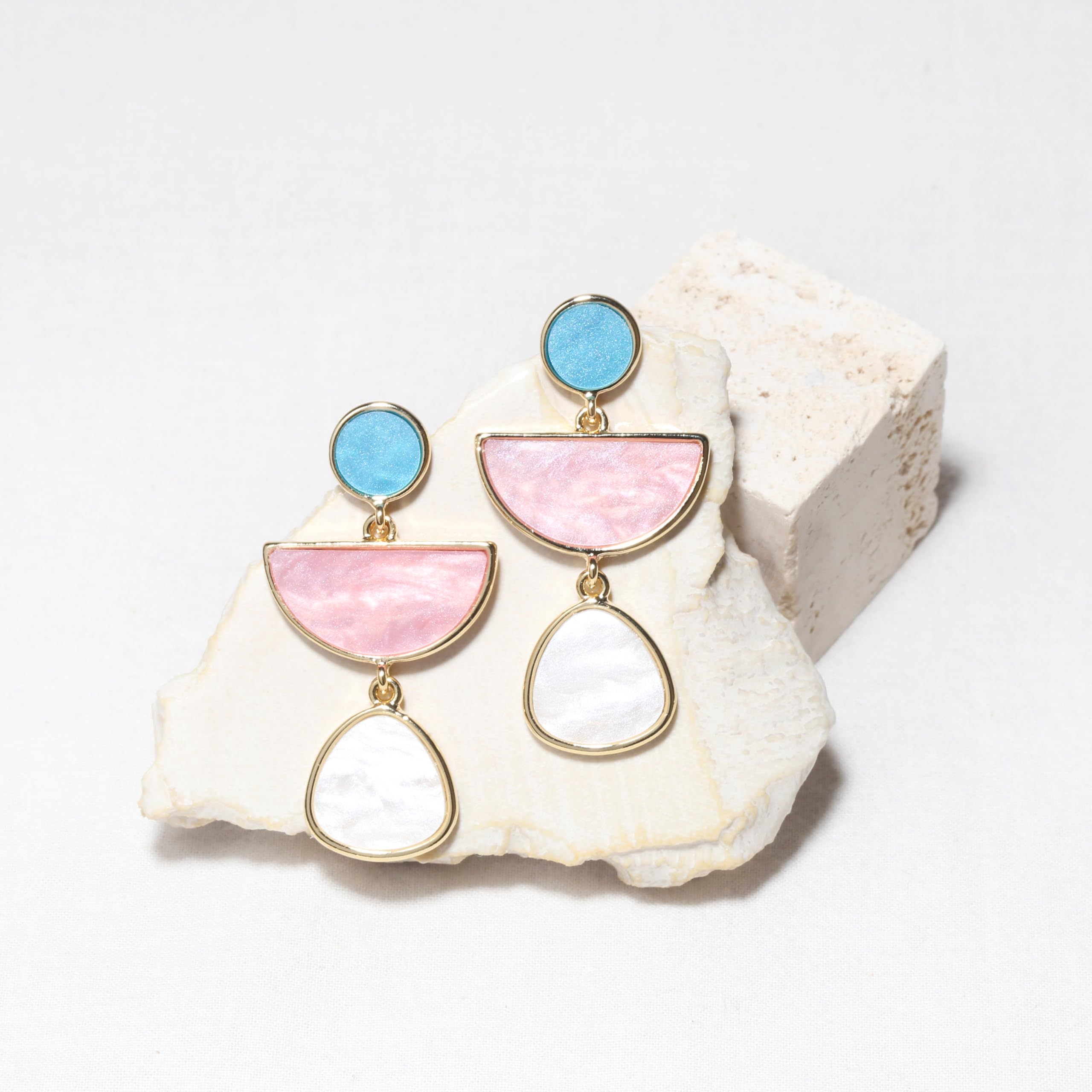 Multi Colorblock Geomtric Frame with Acrylic Gem Tear Drop Statement Earrings