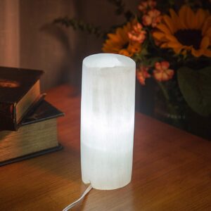 AMOYSTONE White Selenite Electric Lamp Natural Gemstones Crystals Light 3-4 lbs with Cord and Led Bulb Cylindrical 7"