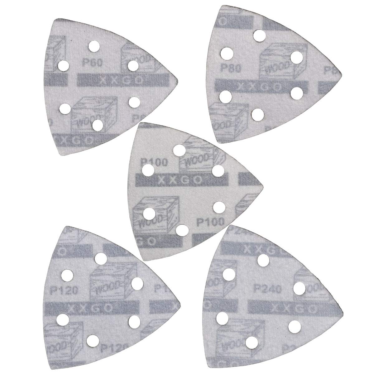 XXGO 3-1/2 Inch 90mm Triangular 60/80 /100/120 /240 Grits Hook & Loop Multitool Sandpaper Contains 20 of Each Fit 3.5 Inch Triangular Oscillating Multi Tool Sanding Pads Pack of 100 XG9010