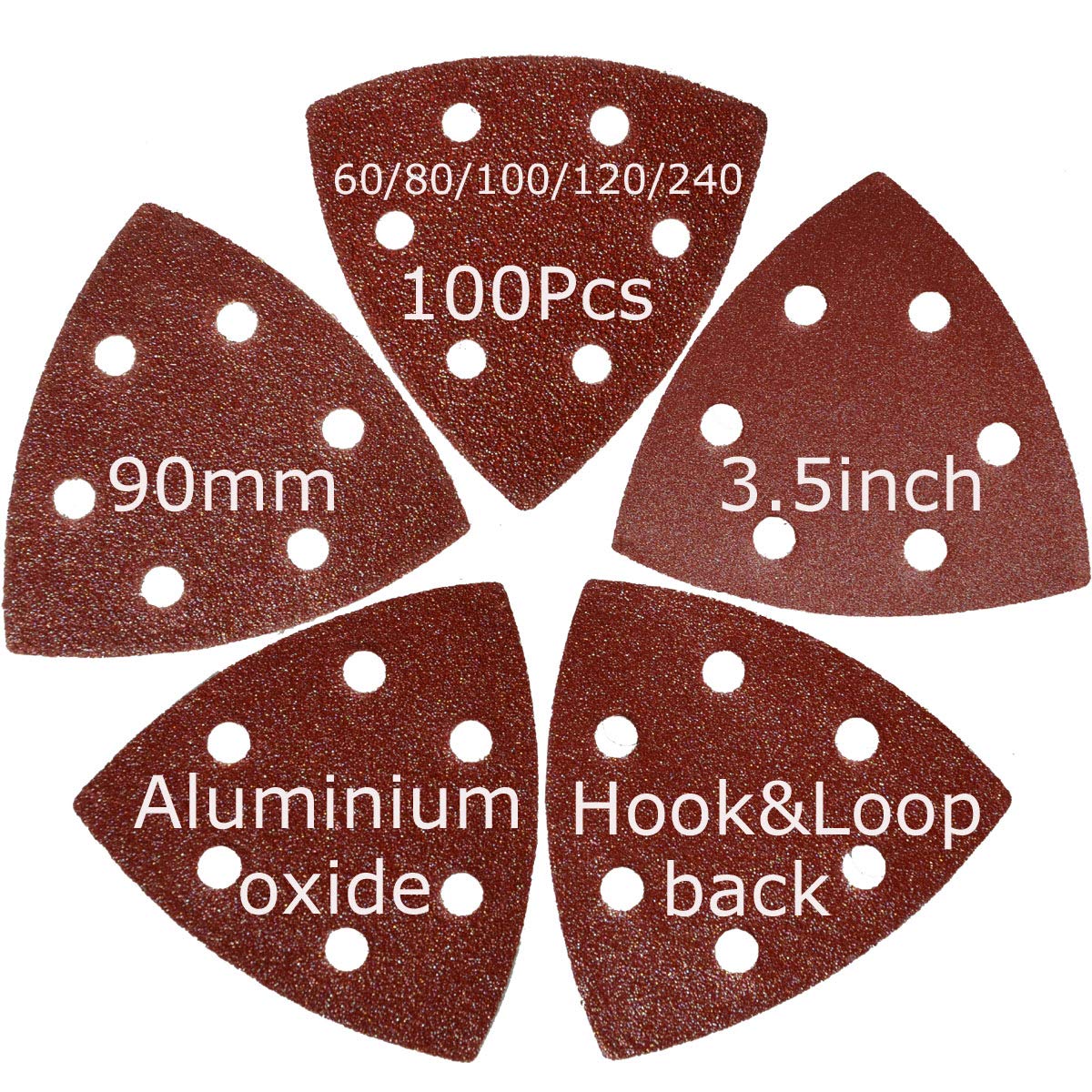 XXGO 3-1/2 Inch 90mm Triangular 60/80 /100/120 /240 Grits Hook & Loop Multitool Sandpaper Contains 20 of Each Fit 3.5 Inch Triangular Oscillating Multi Tool Sanding Pads Pack of 100 XG9010