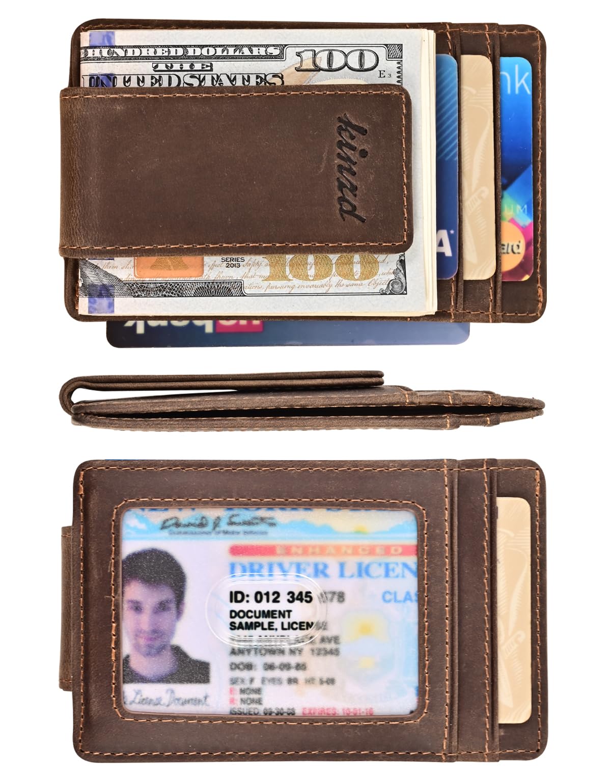 kinzd Money Clip, Front Pocket Wallet, Leather RFID Blocking Strong Magnet thin Wallet (Crazy Horse dark brown)