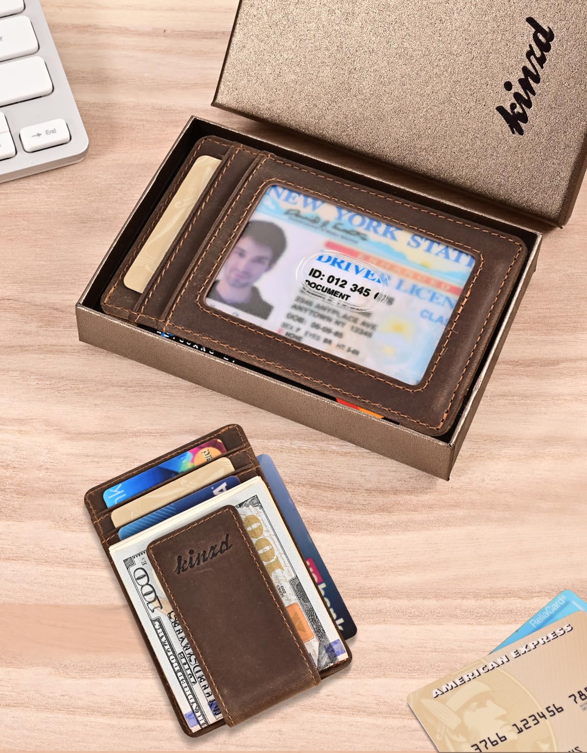 kinzd Money Clip, Front Pocket Wallet, Leather RFID Blocking Strong Magnet thin Wallet (Crazy Horse dark brown)