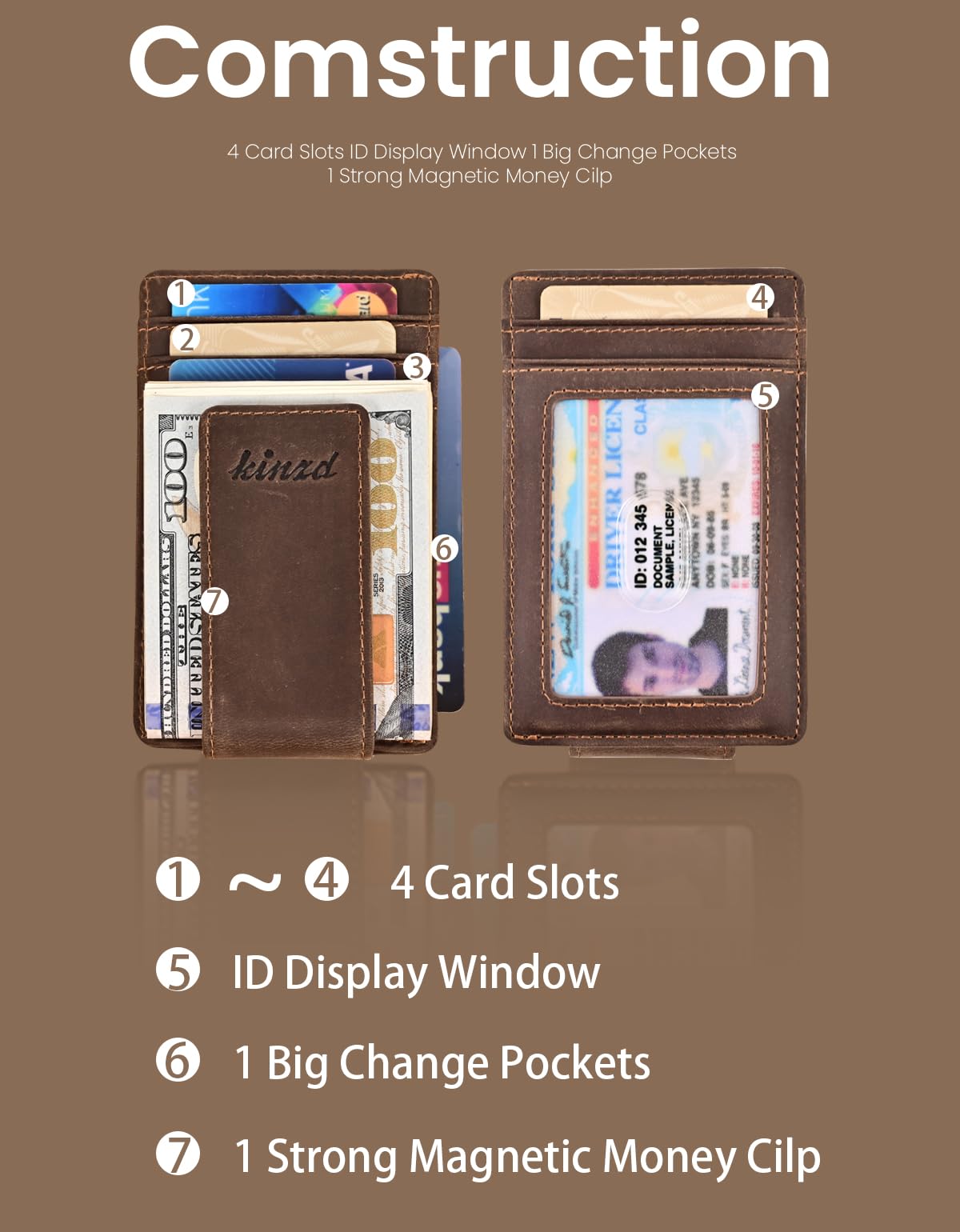 kinzd Money Clip, Front Pocket Wallet, Leather RFID Blocking Strong Magnet thin Wallet (Crazy Horse dark brown)