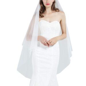 BEAUTELICATE Bridal Wedding Veil 1 Tier For Women Cut Edge Knee Chapel Length With Comb Ivory White