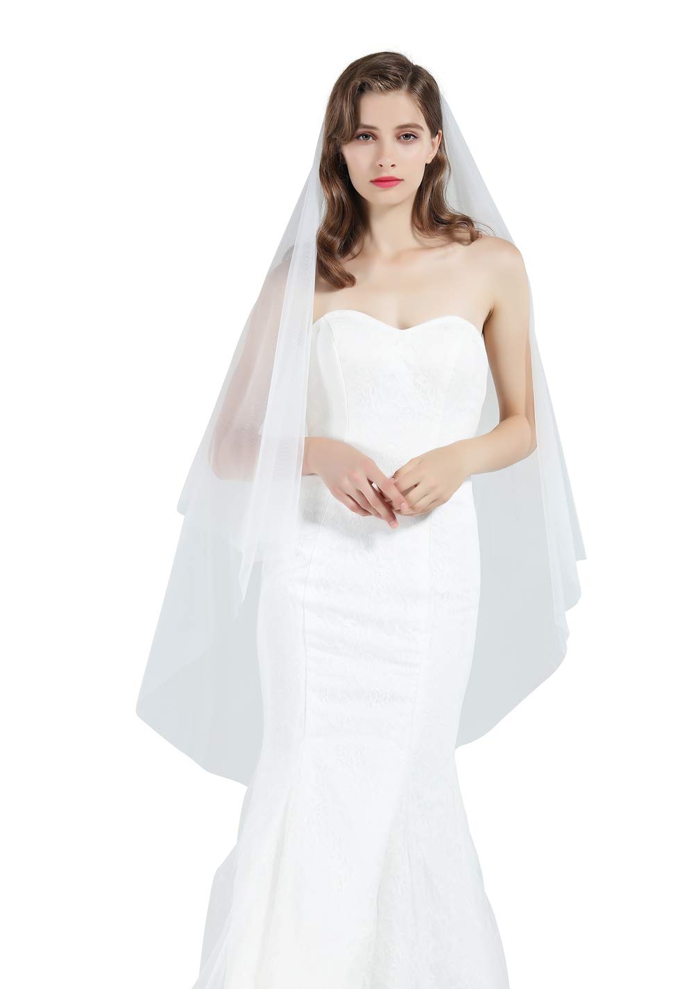 BEAUTELICATE Bridal Wedding Veil 1 Tier For Women Cut Edge Knee Chapel Length With Comb Ivory White