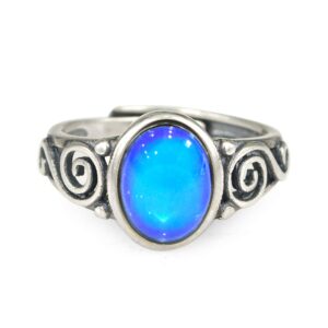 FUN JEWELS 925 Sterling Silver Multi Color Change Oval Stone Mood Ring With Intricate Design Size Adjustable Gift for Women