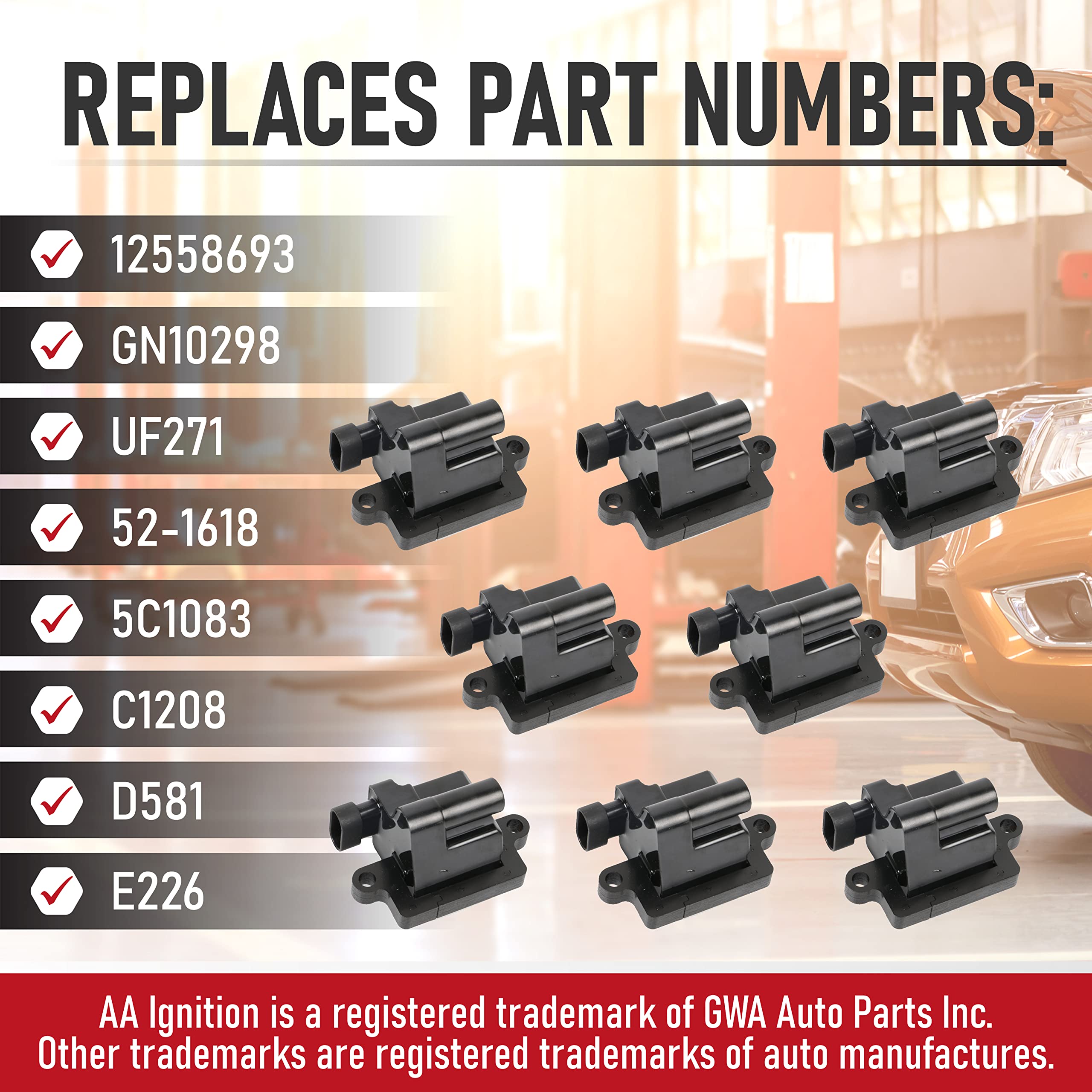 Ignition Coil Pack Set of 8 - Replaces 12558693, GN10298, C1208, D581 - Compatible with Cadillac, Chevy & GMC - Escalade, Silverado, Avalanche, Express 3500, Suburban, Tahoe, Sierra, Savana, Yukon