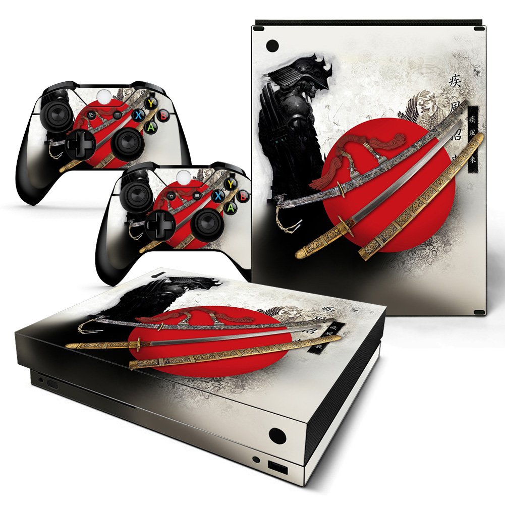 ZOOMHITSKINS Compatible for Xbox One X Skin, Xbox One X Controller Skin and Console Skin, Red Asia Anime Black Samurai Warrior Japan Katana, Durable & Fit, 3M Vinyl, Easy to Install, Precise Cut-outs