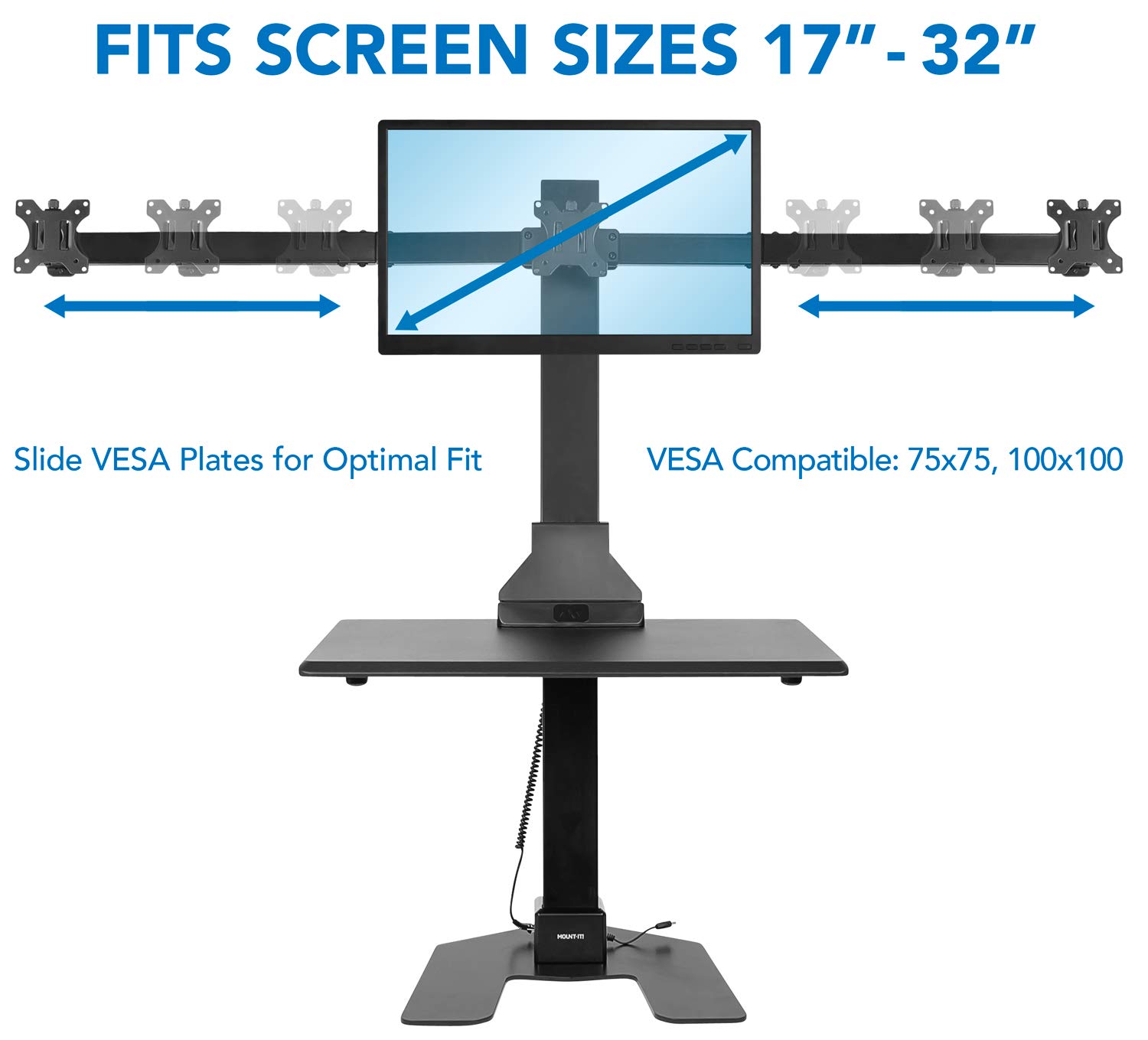 Mount-It! Triple Monitor Electric Standing Desk Converter - 3 Screens Stand Up Desk Riser - Height Adjustable Desktop & 3 Mounts for Screens up to 32", Sit-Stand Convertor for Home, Office, School