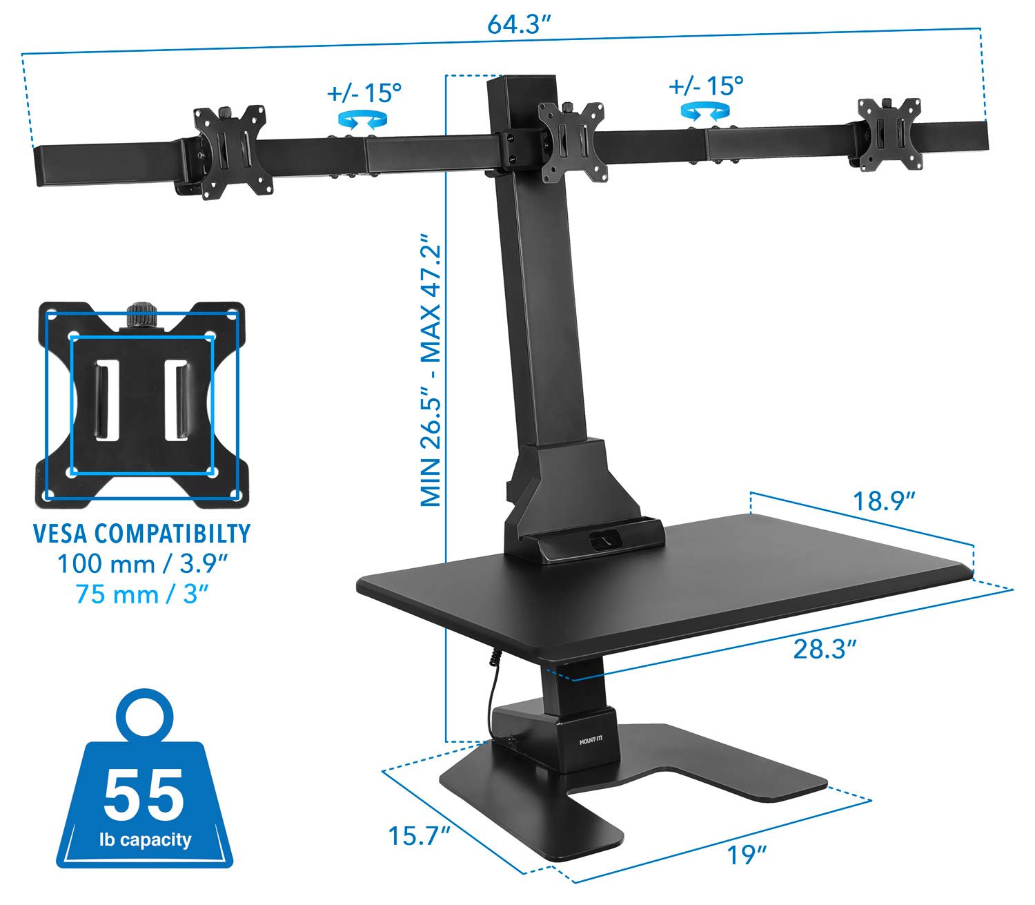 Mount-It! Triple Monitor Electric Standing Desk Converter - 3 Screens Stand Up Desk Riser - Height Adjustable Desktop & 3 Mounts for Screens up to 32", Sit-Stand Convertor for Home, Office, School