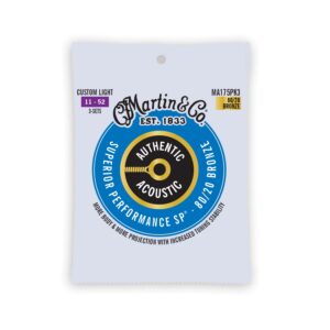 martin authentic acoustic guitar strings, superior performance custom light 11-52, 80/20 bronze, 3 pack