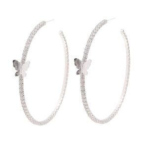 YILIBAO Silver Large Hoop Earrings Round Circle Cubic Zirconia Loop Earrings for Women (Butterfly White Gold)