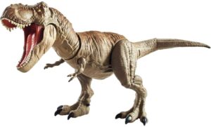 jurassic world bite 'n fight tyrannosaurus rex in larger size with realistic sculpting, articulation and dual-button activation for tail strike and head strikes, ages 4 and older