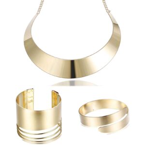 HANPABUM Women Gold Tone Choker Necklace and Cuff Bangle Bracelet Jewelry Set Exaggerated Punk Style (A:Gold Tone)